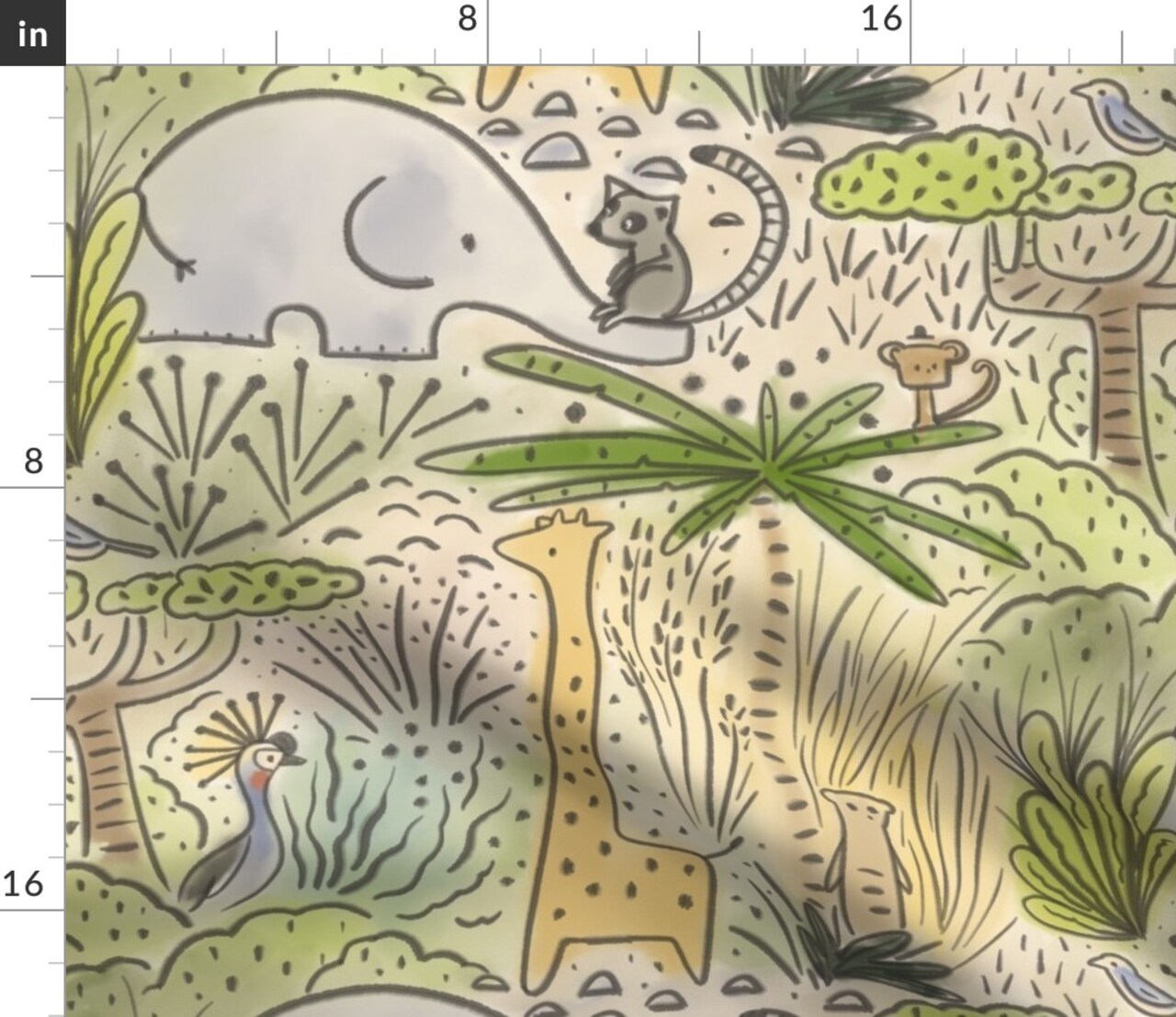 Safari Watercolor Exotic Animals Baby Kids Nursery Zoo Elephant Monkey Lemur Giraffe Palm Tree Tropical Birds Large Scale Custom Printed Fabric by Spoonflower Various Fabrics by the Yard or Fat Quarter